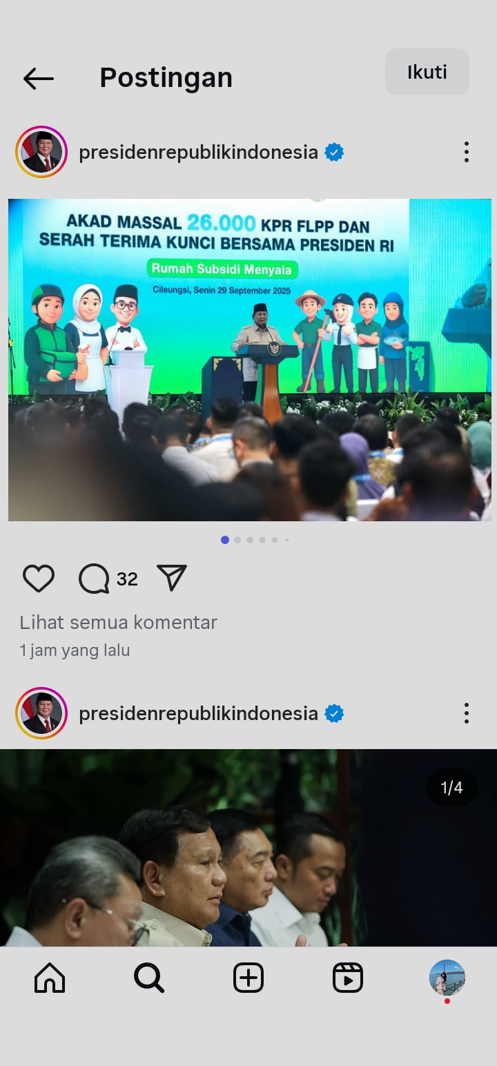 Presiden Prabowo hadir di acara KPR FLPP dan serah terima kunci di Cileungsi. (Instagram: @presidenrepublikindonesia)