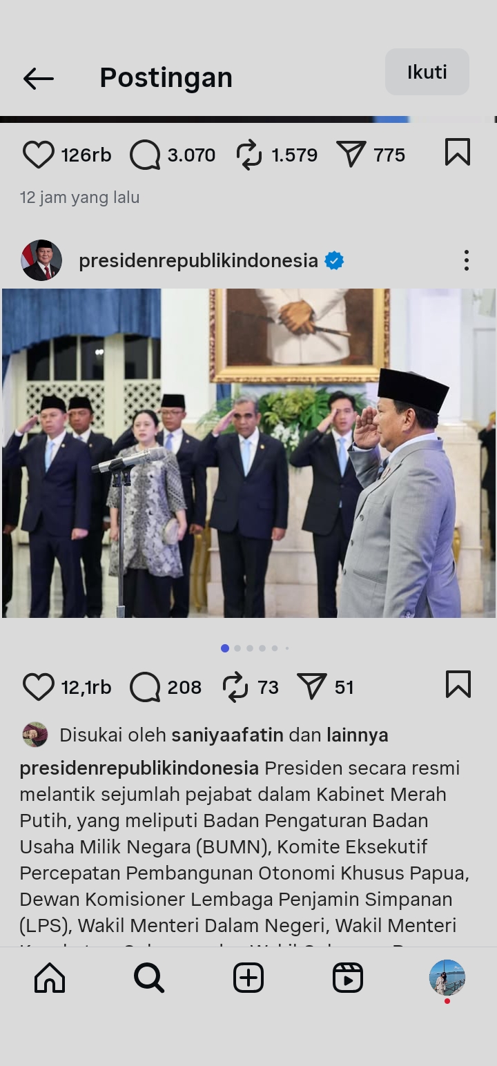 Presiden Prabowo melantik Komite Eksekutif Otsus Papua untuk mempercepat pembangunan dan memastikan kesejahteraan masyarakat Papua. (Instagram: @presidenrepublikindonesia)