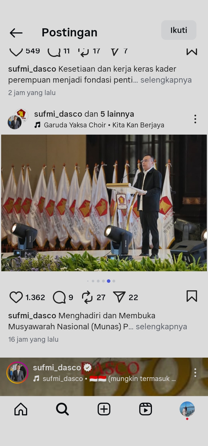 Dasco pada saat menghadiri dan membuka Musyawarah Nasional (MUNAS) Perempuan Indonesia Raya (PIRA) 2025 yang digelar di hotel Bidakara, Jakarta. (Instagram: @sufmi_dasco)
