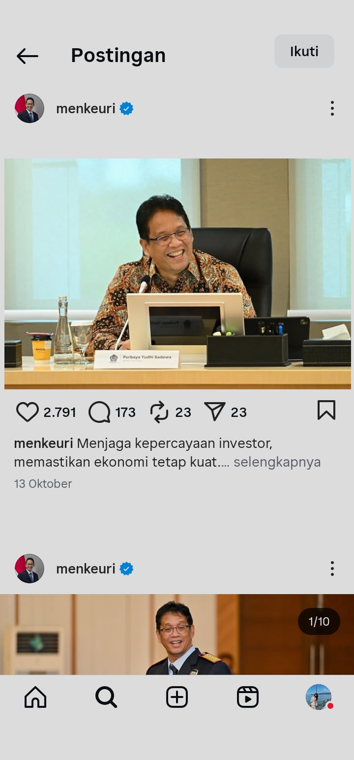 Menkeu Purbaya soroti selisih Rp18 triliun data simpanan Pemda antara Kemendagri dan BI, minta investigasi akurasi keuangan daerah. (Instagram: @menkeuri)