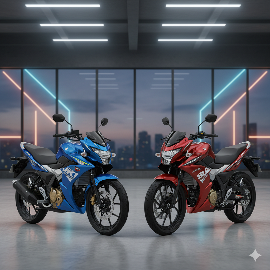 Dua motor andalan Suzuki, Satria Pro (kanan) dan Satria F150 (kiri), tampil dengan desain serupa namun fitur berbeda.(Ilustrasi)