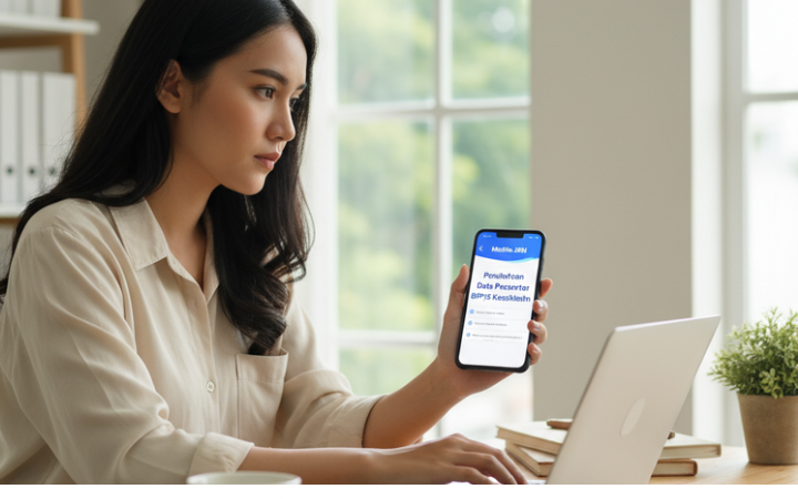 Seorang wanita muda sedang fokus mengelola data BPJS Kesehatan di ponselnya sambil bekerja dari rumah dengan laptop.