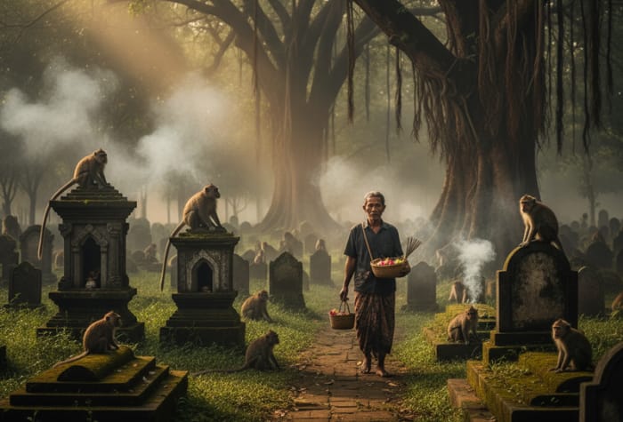 Suasana angker di kawasan Pesugihan Kera Ngujang Tulungagung, tempat pemakaman umum yang dihuni ratusan monyet liar dan dipercaya sebagai lokasi pesugihan. (ilustrasi)