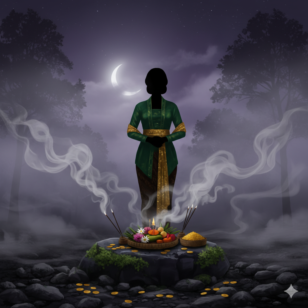 Demi kekayaan, Teh Tata rela melakukan ritual pesugihan di Gunung Bolo. Sosok Nyai Roro Kembang Sore dikatakan hadir menyaksikan semuanya. (Ilustrasi)
