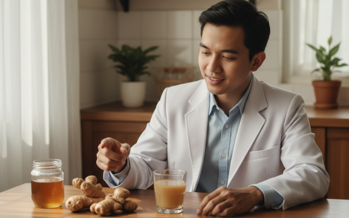Dokter Saddam Ismail menjelaskan manfaat ramuan herbal di dapur rumahnya yang nyaman.