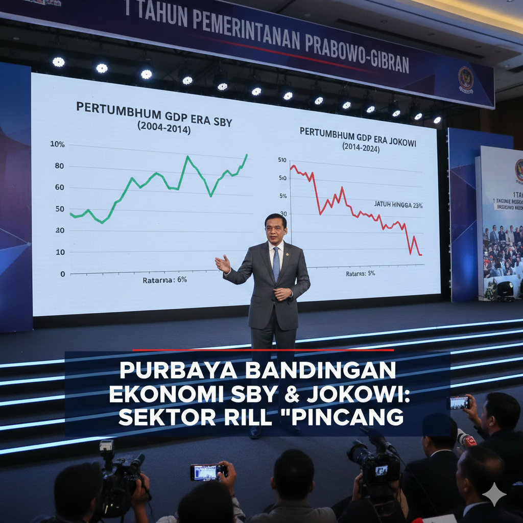 Menkeu Purbaya Yudi Sadewa memaparkan perbandingan ekonomi era SBY dan Jokowi dalam forum 1 Tahun Pemerintahan Prabowo&ndash;Gibran yang digelar Metro TV.