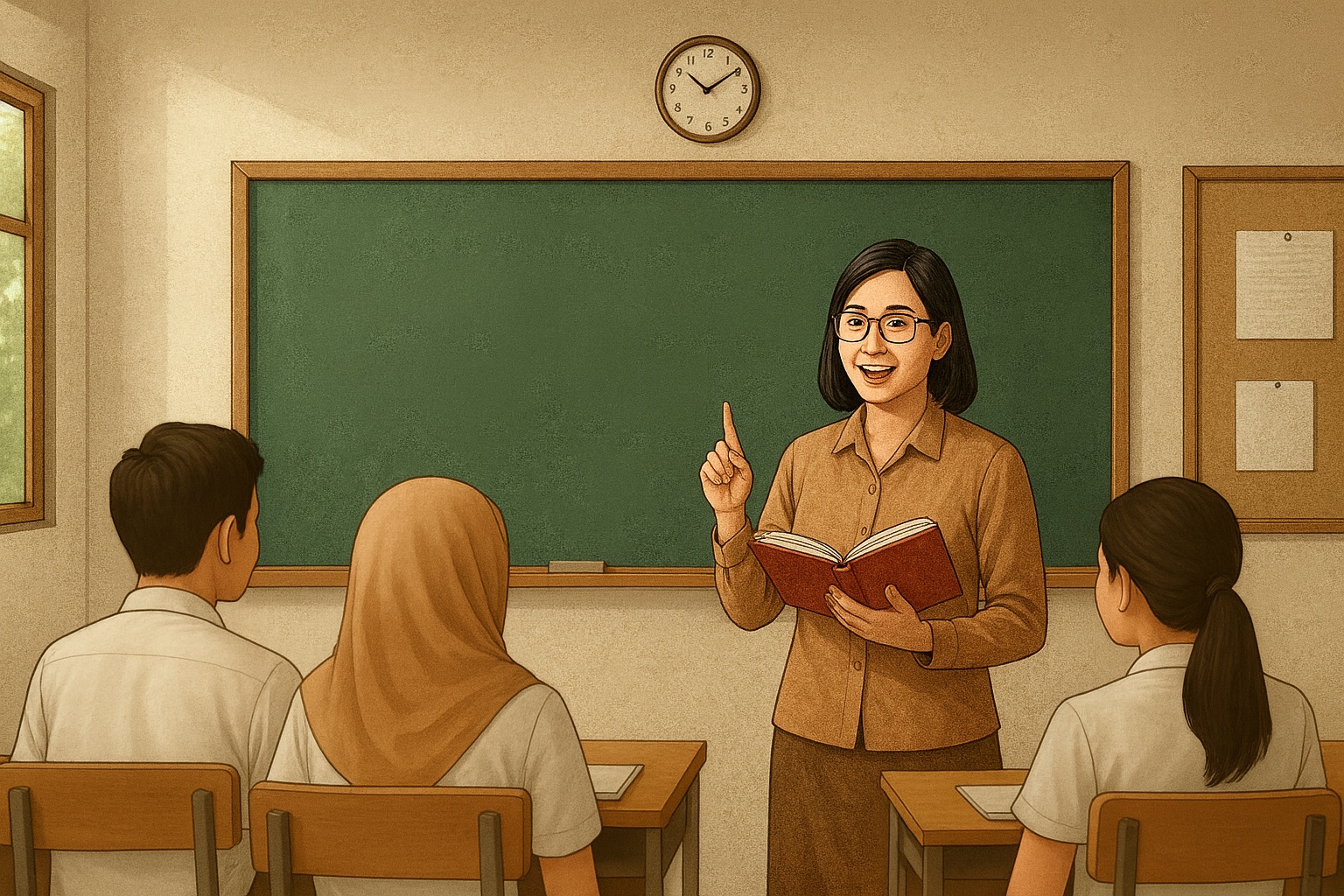 Ilustrasi guru sedang mengajar di depan kelas.