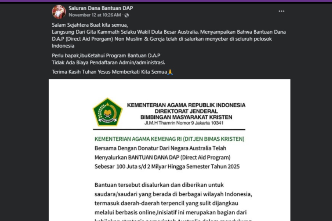 Penipuan bantuan DAP yang beredar di Facebook. (TURNBACKHOAX)