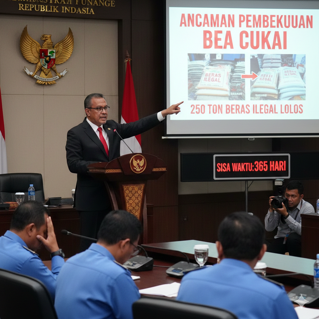 Menkeu Purbaya saat menyampaikan ancaman pembekuan Bea Cukai buntut lolosnya 250 ton beras ilegal di Sabang dan Batam. Pemerintah beri waktu 1 tahun untuk perbaikan kinerja.