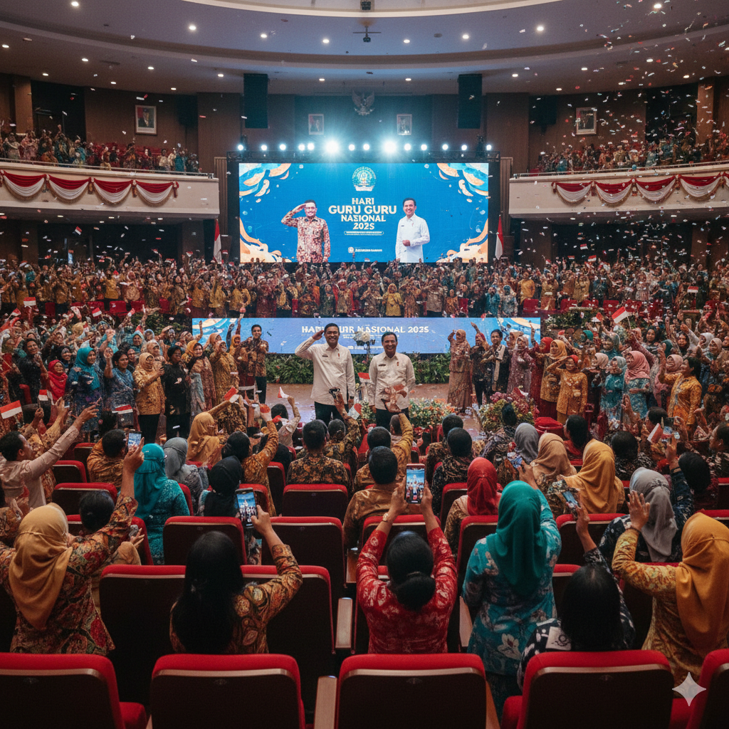 Sorakan meriah mewarnai Peringatan Hari Guru Nasional 2025 ketika nama Menkeu Purbaya disebut oleh Mendikdasmen, disusul dukungan untuk Seskap Teddy.