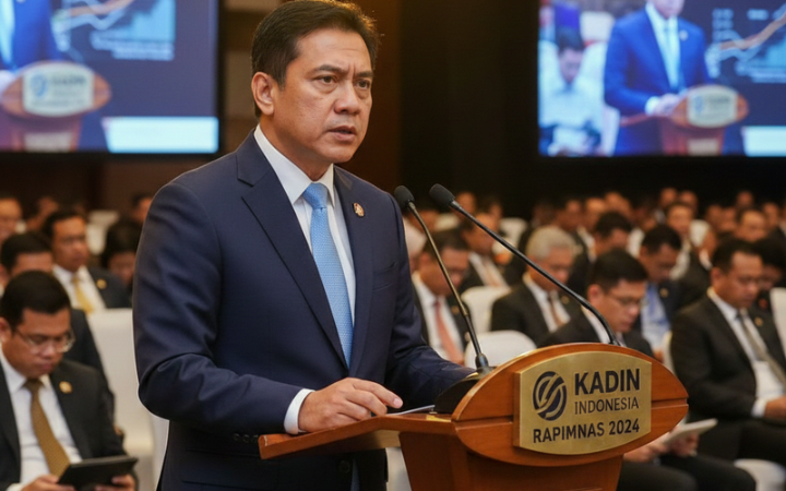 Purbaya Yudhi Sadewa saat memaparkan kondisi ekonomi dan menyindir kebijakan era Sri Mulyani dalam forum Rapimnas Kadin Indonesia.