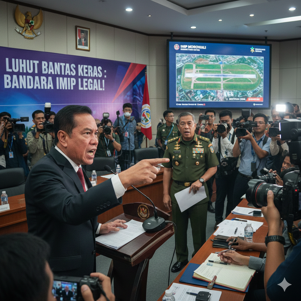Luhut Binsar Pandjaitan saat menanggapi kritik terkait Bandara IMIP Morowali. Ia membantah keras tuduhan ilegal dan menegaskan bandara tidak mengancam kedaulatan negara.