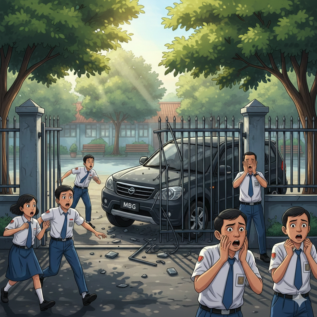 ebuah mobil MBG menabrak siswa dan guru di lingkungan sekolah, Senin (11/12/2025).(ilustrasi AI)