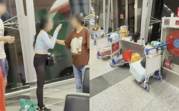 Petugas keamanan menenangkan seorang wanita yang viral diduga tinggal di Bandara Internasional Kuala Lumpur (KLIA) selama hampir satu tahun.