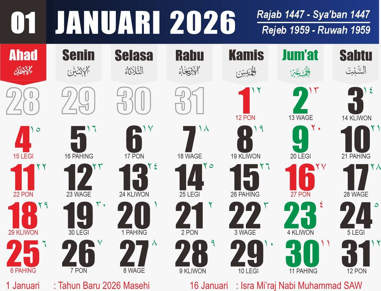 Kalender Januari 2026 yang dihiasi harpitnas (FACEBOOK MTS AL MUKAROMAH)