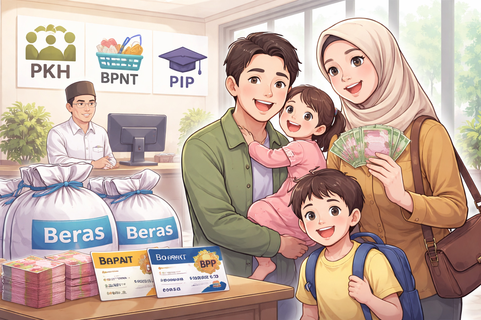Kemensos memastikan penyaluran bansos 2026 tetap berlanjut di awal tahun.(ilustrasi AI)