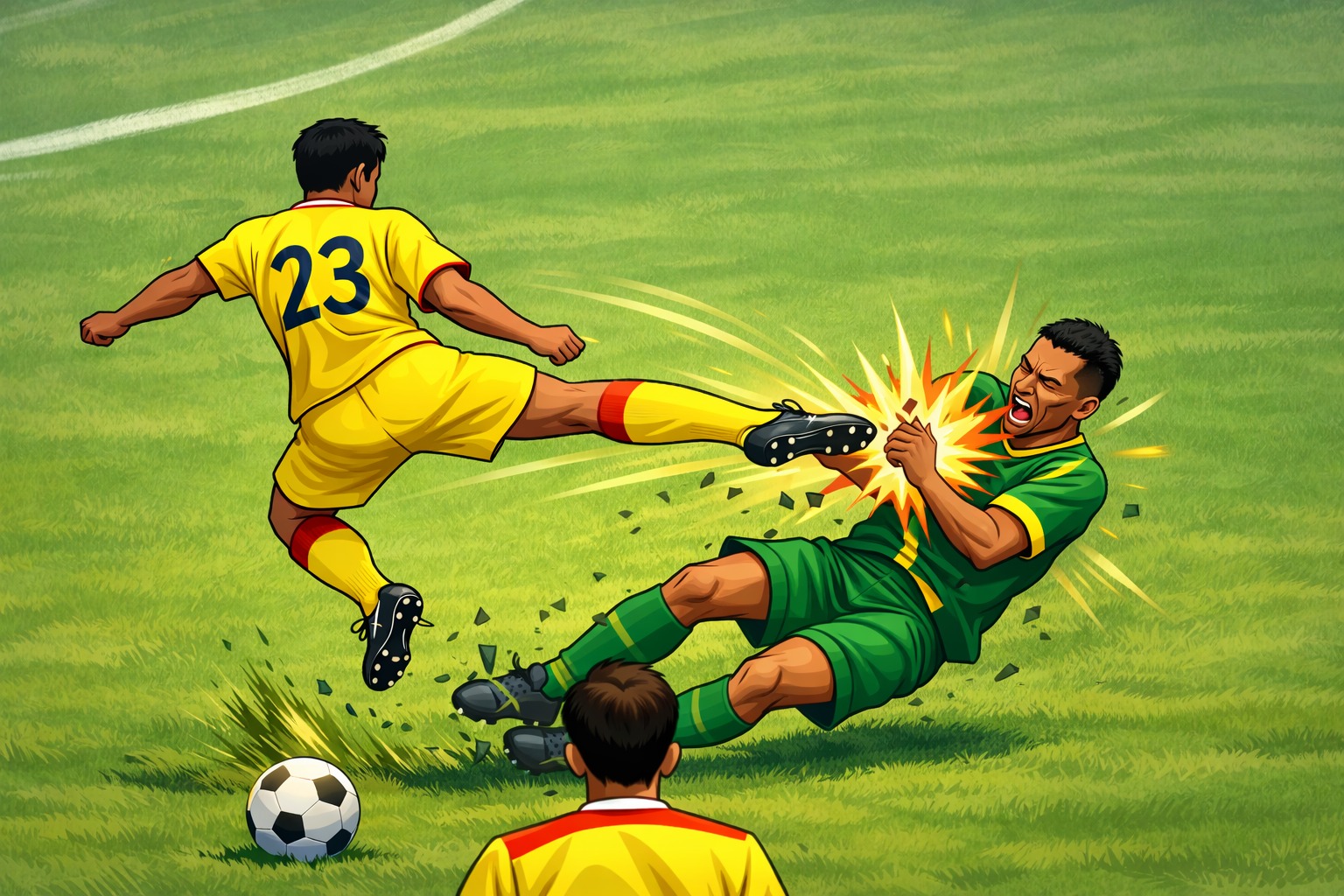 Ilustrasi terjadinya pelanggaran keras yang dilakukan pemain PS Putra Jaya, Hilmi  kepada pemain Perseta 1970, Firman Nugraha, ketika pertandingan liga 4 Jatim (5/1)