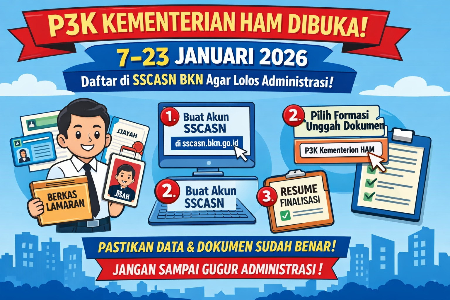 PPPK Kementerian HAM dibuka 7&ndash;23 Januari 2026. Simak panduan lengkap daftar SSCASN BKN agar tidak gugur administrasi.(ilustrasi AI)
