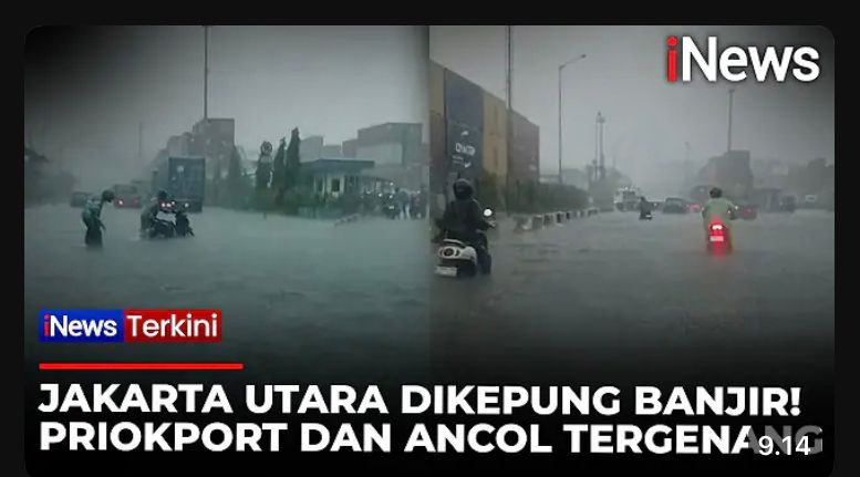 Banjir Jakarta Utara merendam jalan hingga 50 cm. Motor mogok, akses Gading&ndash;Pancoran lumpuh, warga gagal berangkat kerja.