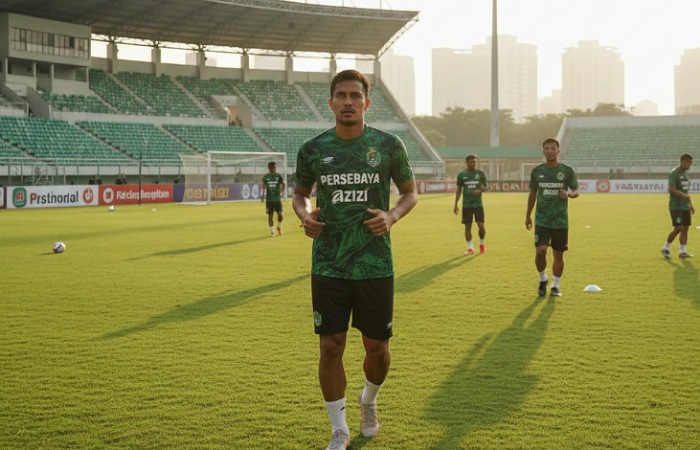 Gustavo Fernandez bersiap menjalani latihan perdana bersama Persebaya Surabaya di Lapangan Gelora Bung Tomo usai diperkenalkan pada putaran kedua BRI Super League.