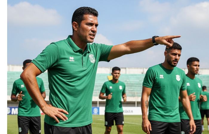 Pelatih Persebaya Bernardo Tavares memberi instruksi kepada pemain saat laga kontra Malut United. Tavares mulai mencoret pemain Persebaya jelang putaran kedua BRI Super League.