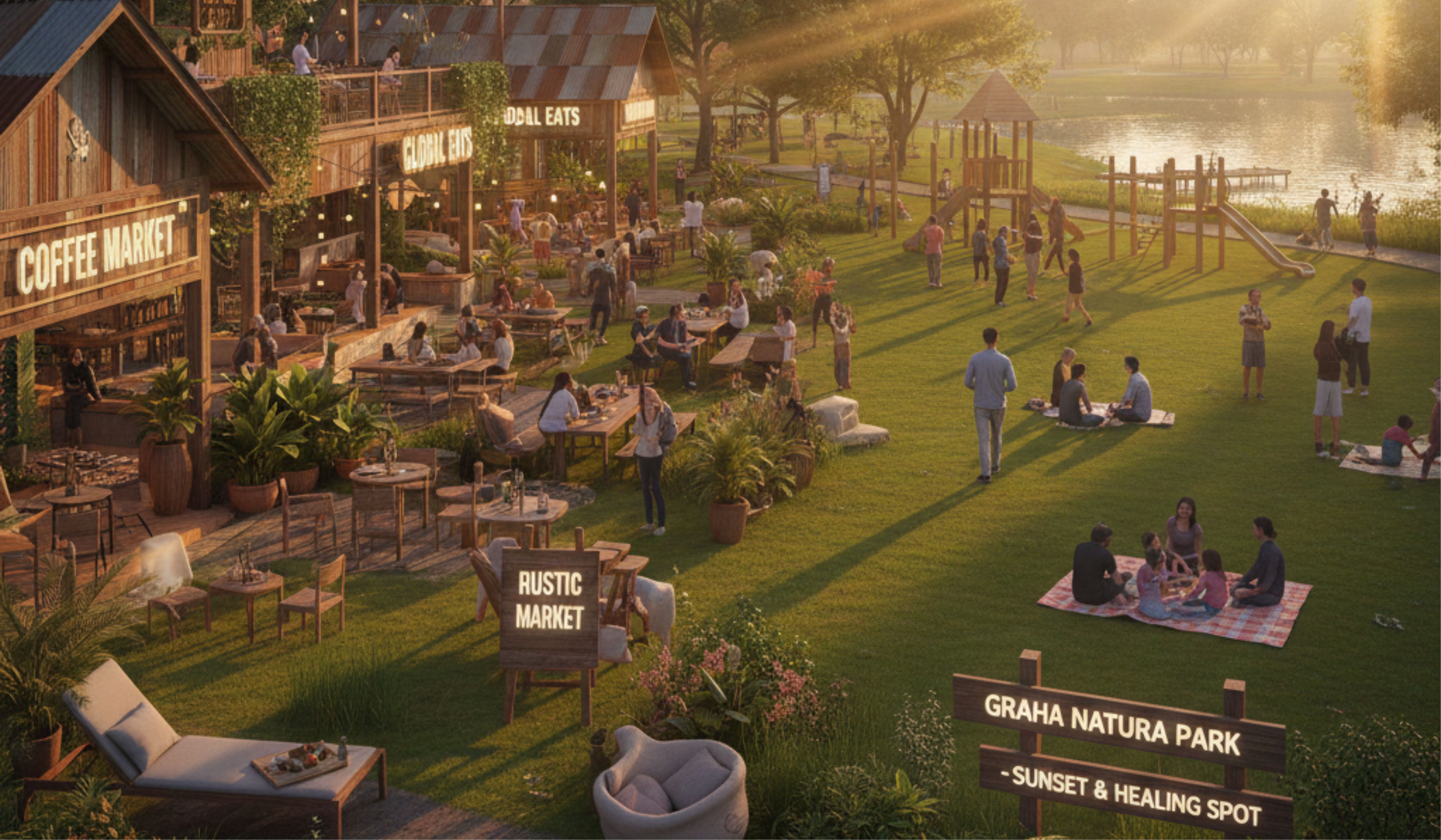 Graha Natura Surabaya kembali viral 2025 dengan Rustic Market dan Park, spot sunset, nongkrong, piknik, dan healing favorit warga.