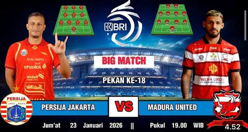 Jadwal Persija Jakarta vs Madura United pekan ke-18 BRI Super League 2025&ndash;2026, Jumat 23 Januari 2026 pukul 19.00 WIB di GBK.