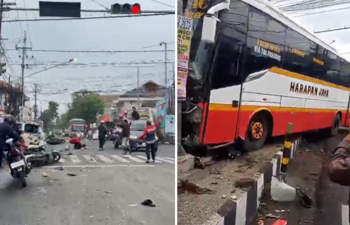 Bus Harapan Jaya tabrak kendaraan di perempatan Kemuning Kediri. Korban tergeletak, bus berhenti usai hantam tiang lampu lalu lintas.