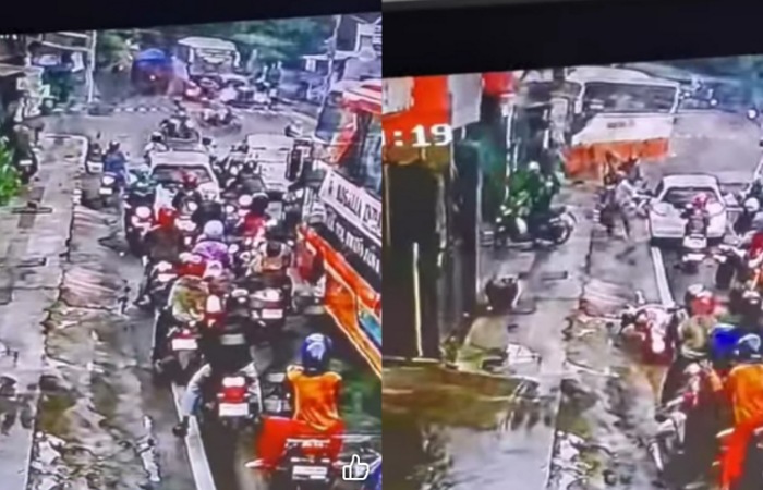 CCTV tunjukkan bus ngeblong lampu merah Kediri lalu tabrak banyak kendaraan. Polisi dalami bukti visual kecelakaan.