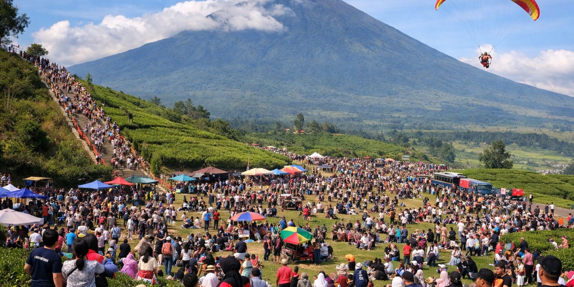 Wisata Gunung Dempo dipadati ribuan wisatawan saat Tahun Baru 2026. Tangga 2001 hingga paralayang jadi favorit pengunjung.