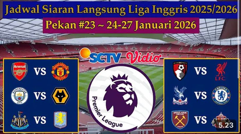 Jadwal siaran langsung pekan ke-23 Liga Inggris 2025-2026 tayang SCTV & Vidio. Cek jam laga, klasemen, top skor terbaru!