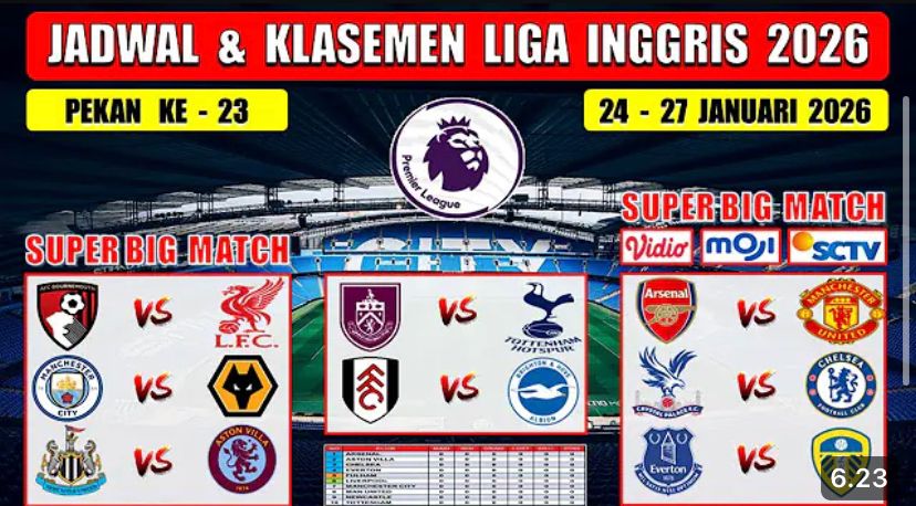 Jadwal Liga Inggris pekan ke-23 24&ndash;27 Januari 2026 tayang SCTV & Vidio. Cek klasemen, top skor, assist, clean sheet!