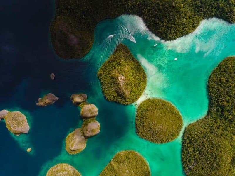 Panorama gugusan pulau di Raja Ampat dengan laut hijau toska yang ikonik.