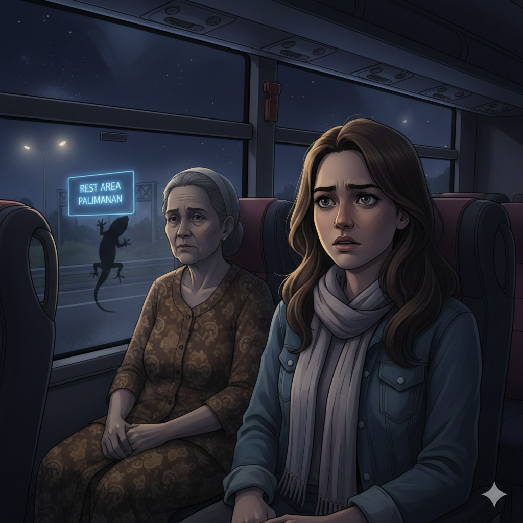 Kisah bus hantu dialami mahasiswi perantau. Naik bus malam, dibawa ke desa zaman lampau, lalu kembali ke terminal awal.(Ilustrasi AI)