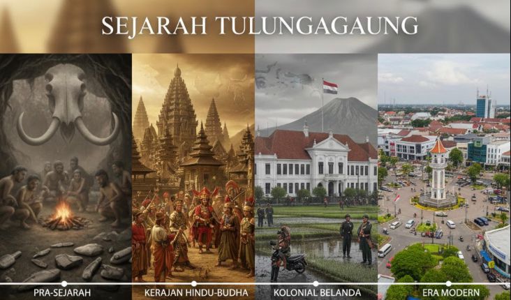 Sejarah Tulungagung lengkap dari manusia purba, kerajaan besar Nusantara, masa kolonial, hingga berkembang jadi kabupaten maju Jawa Timur.