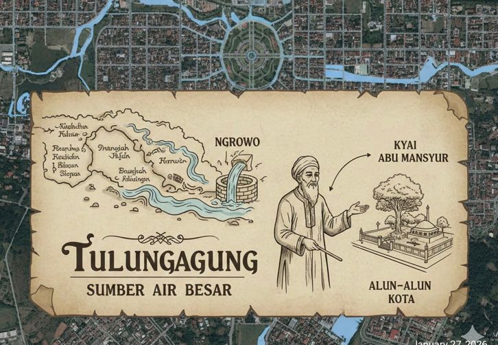 Asal usul nama Tulungagung dari Kabupaten Ngrowo, makna sumber air besar, hingga legenda Kyai Abu Mansyur dan alun-alun kota.