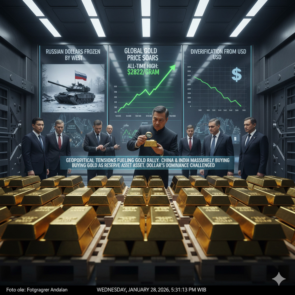 Harga emas dunia melonjak tajam dipicu perang Rusia-Ukraina dan langkah negara besar beralih dari dolar ke emas.(Gemini AI)
