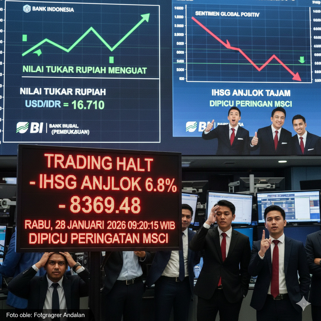 Nilai tukar rupiah menguat saat IHSG anjlok tajam.(Gemini AI)