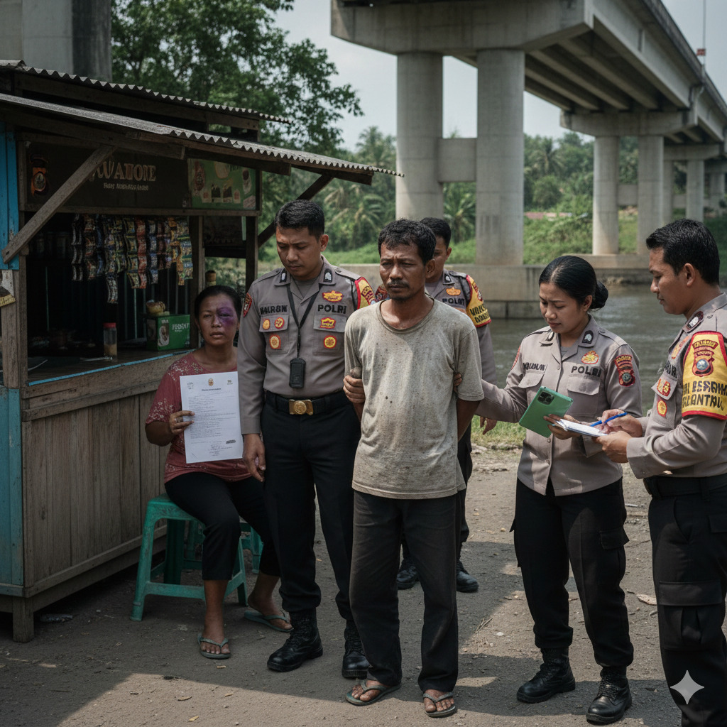 Unit Reskrim Polsek Ngantru Polres Tulungagung mengamankan seorang pria terduga pelaku penganiayaan terhadap perempuan di Warung Kopi Ngujang 2.(Gemini AI)