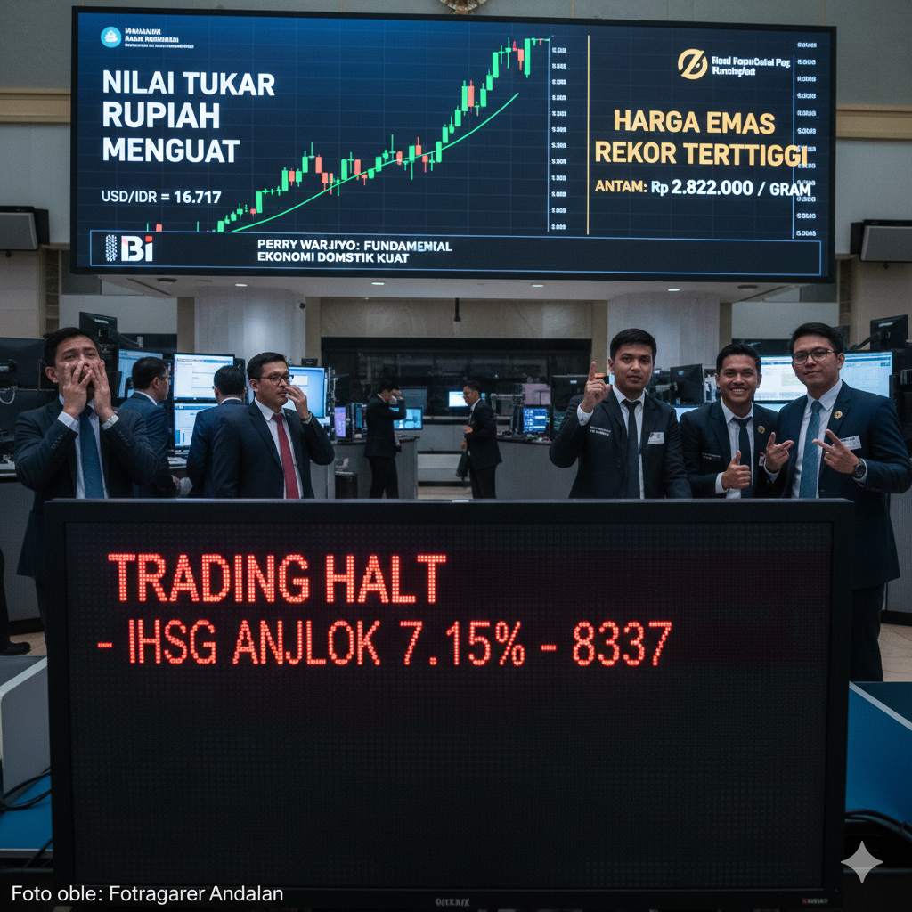 IHSG anjlok lebih dari 7 persen, namun nilai tukar rupiah justru menguat.(Gemini AI)