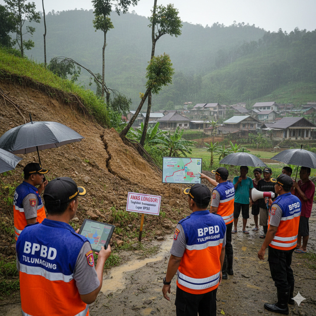 BPBD Tulungagung mengimbau masyarakat untuk meningkatkan kewaspadaan terhadap potensi tanah longsor saat musim hujan.(Gemini AI)