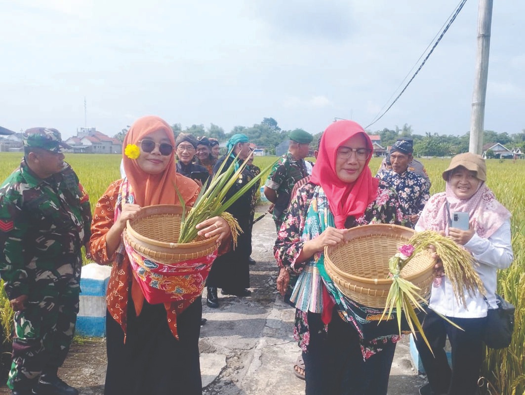 Warga Desa Ngrendeng, Kecamatan Gondang, Tulungagung, membawa  tanaman padi sebagai lambang kesuburan di Labuh Masal, kemarin.(ABDUL HAMID/RADAR TULUNGAGUNG)