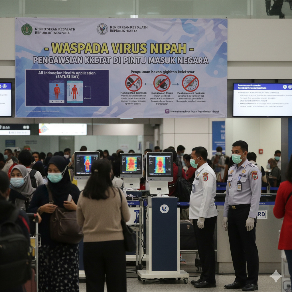 pemeriksaan kesehatan penumpang internasional di berbagai bandara diperketat, terutama di pintu masuk utama seperti Bandara Internasional Soekarno-Hatta dan Bandara I Gusti Ngurah Rai.(Gemini AI)
