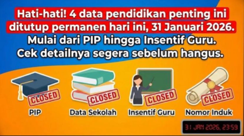 Hati-hati! 4 data pendidikan penting ini ditutup permanen hari ini, 31 Januari 2026. Mulai dari PIP hingga Insentif Guru. Cek detailnya segera sebelum hangus.