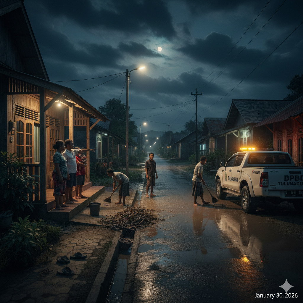 Hujan deras yang mengguyur Tulungagung pada Jumat (30/1) memicu terjadinya banjir ancar di sejumlah wilayah.(Ilustrasi Gemini AI)
