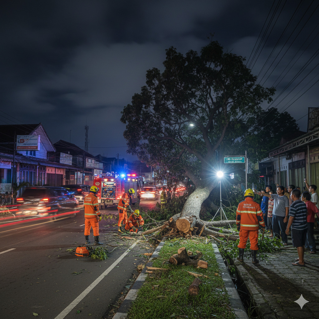 Sebatang pohon tumbang menghalangi akses Jalan Supriyadi, Kelurahan Jepun, Kecamatan Tulungagung, Jumat (30/1) malam.(Ilustrasi Gemini AI)