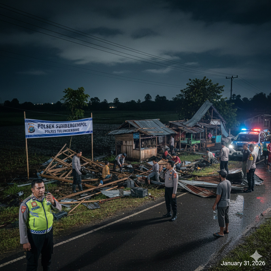 Cuaca ekstrem menyebabkan empat warung di Desa Jabalsari, Kecamatan Sumbergempol, Tulungagung, mengalami kerusakan pada Sabtu (31/1) sore.(Ilustrasi Gemini AI)