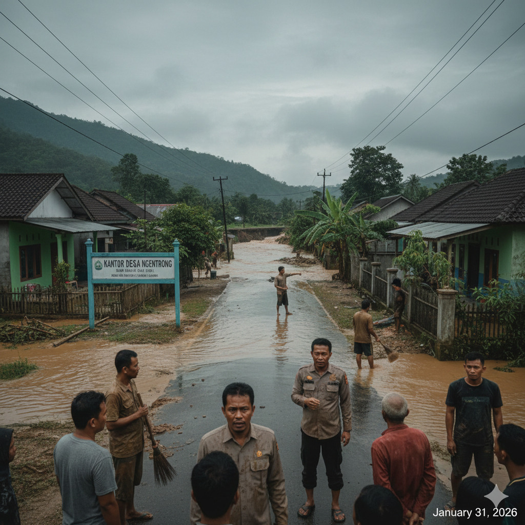 Banjir di Desa Ngentrong, Kecamatan Campurdarat, Tulungagung.(Ilustrasi Gemini AI)