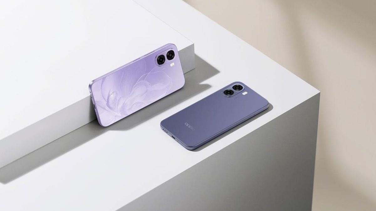 Tampilan OPPO A6X varian ungu dengan desain simpel dan modul kamera ganda.