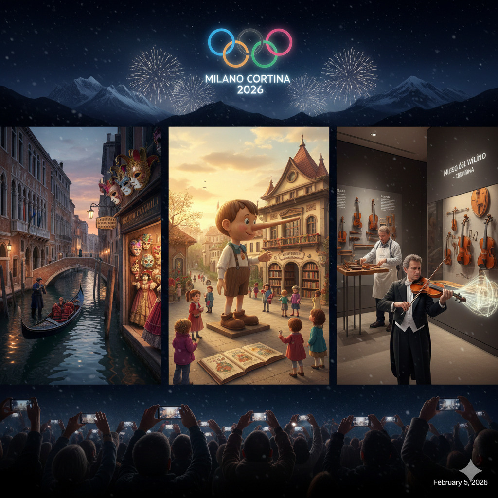 Olimpiade Musim Dingin 2026 soroti Venesia, Collodi Pinocchio, hingga Cremona kota biola jelang Italia jadi pusat dunia.(Ilustrasi Gemini AI)